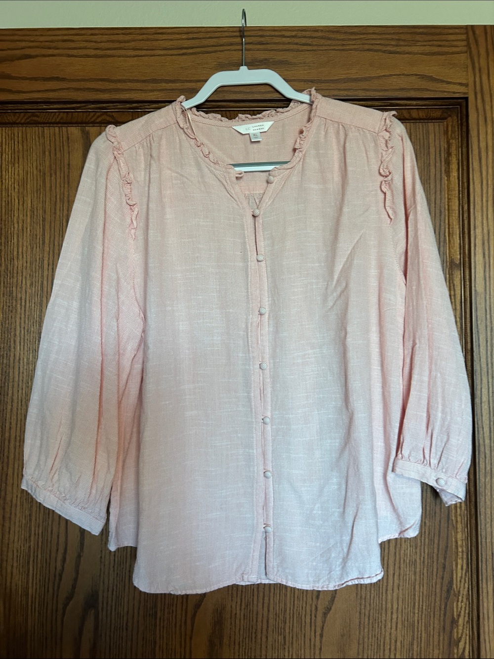 Soft Orange Ruffle-Trim Button Down Blouse